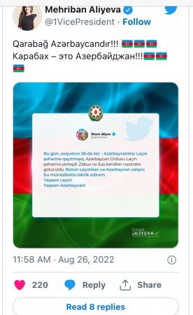 Mehriban Əliyevadan Laçınla bağlı paylaşım: “Qarabağ Azərbaycandır!”