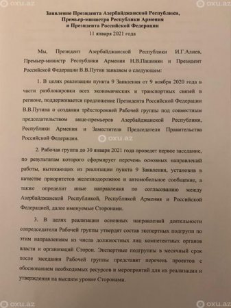 Azərbaycan, Rusiya və Ermənistan liderlərinin imzaladığı 11 yanvar Moskva bəyanatından iki il keçir