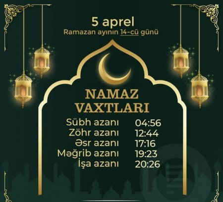 Ramazan ayının on dördüncü gününün imsak, iftar və namaz vaxtları 