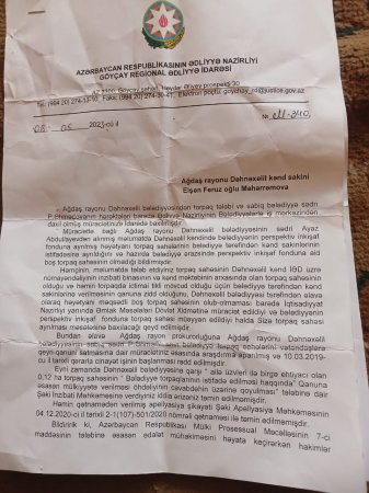 REDAKSİYAYA ŞİKƏYYƏT:  Ağdaş rayonun sakinləri torpağların yerli hakimiyyət tərəfindən mənimsəməsi barədə deyirlər