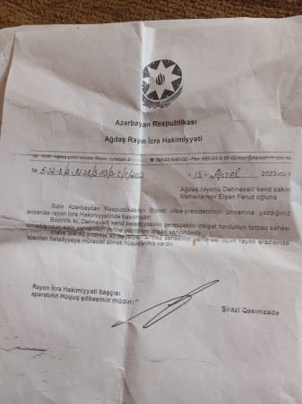 REDAKSİYAYA ŞİKƏYYƏT:  Ağdaş rayonun sakinləri torpağların yerli hakimiyyət tərəfindən mənimsəməsi barədə deyirlər